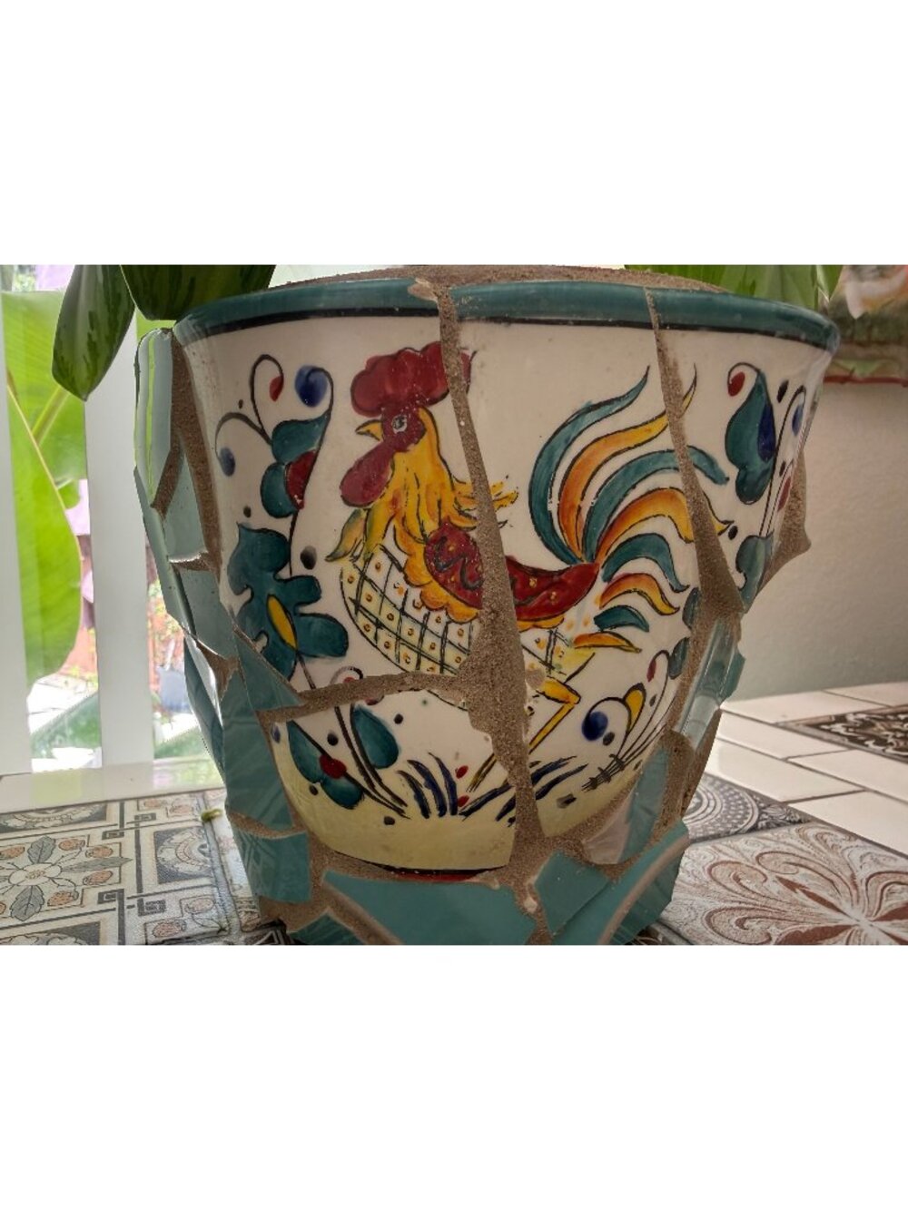Mosaic Art Tile ~ Planter ~ Hand Crafted ~ Flower Garden Pot ~ The Rooster
